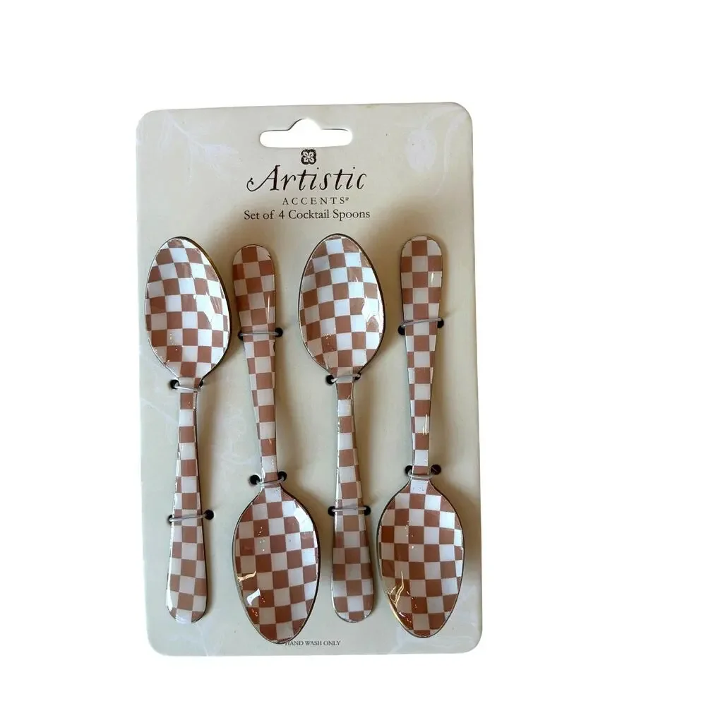 Artistic Accents Checkered Cocktail Spoons Set of 4 Enameled Taupe & White New